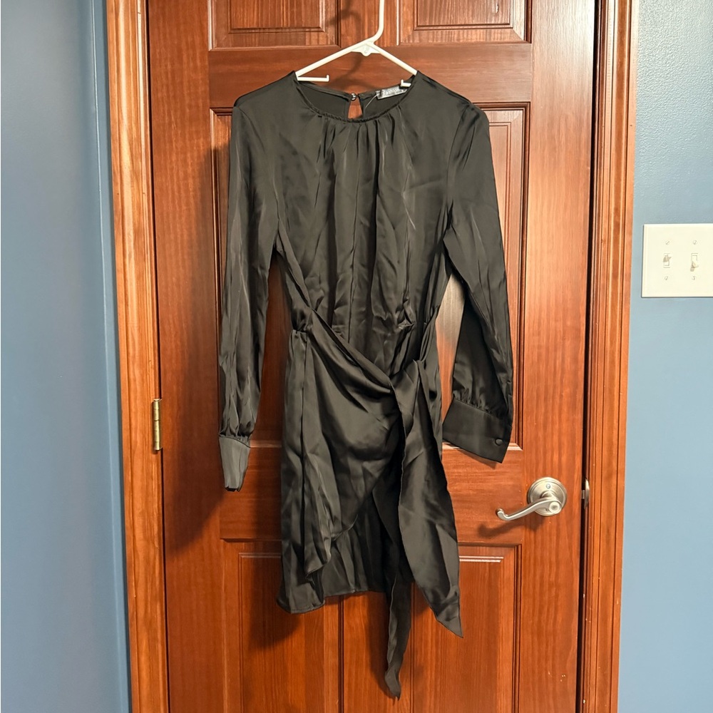 Women’s Black Long-Sleeve Satin Wrap Dress